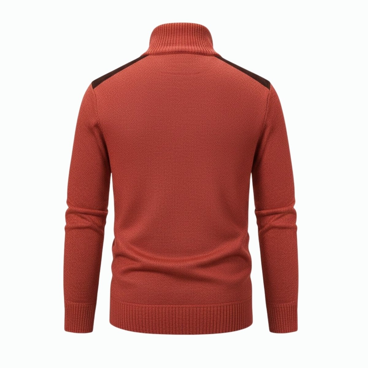 Flat lay of the back of the Kouvr Fashion Soren sweater in red orange, highlighting the knit texture and faux suede shoulder accents.