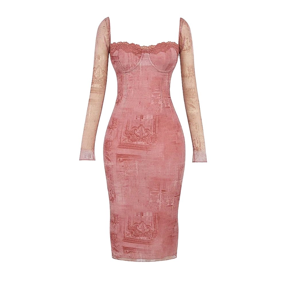 Pink Kouvr dress with sheer long sleeves on a white background