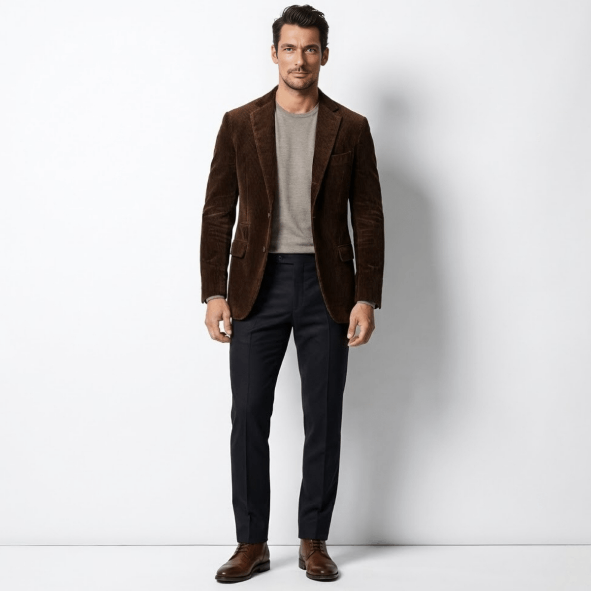 Model wearing The Grady men's slim fit brown corduroy blazer from Kouvr Fashion with a grey sweater and navy trousers.
