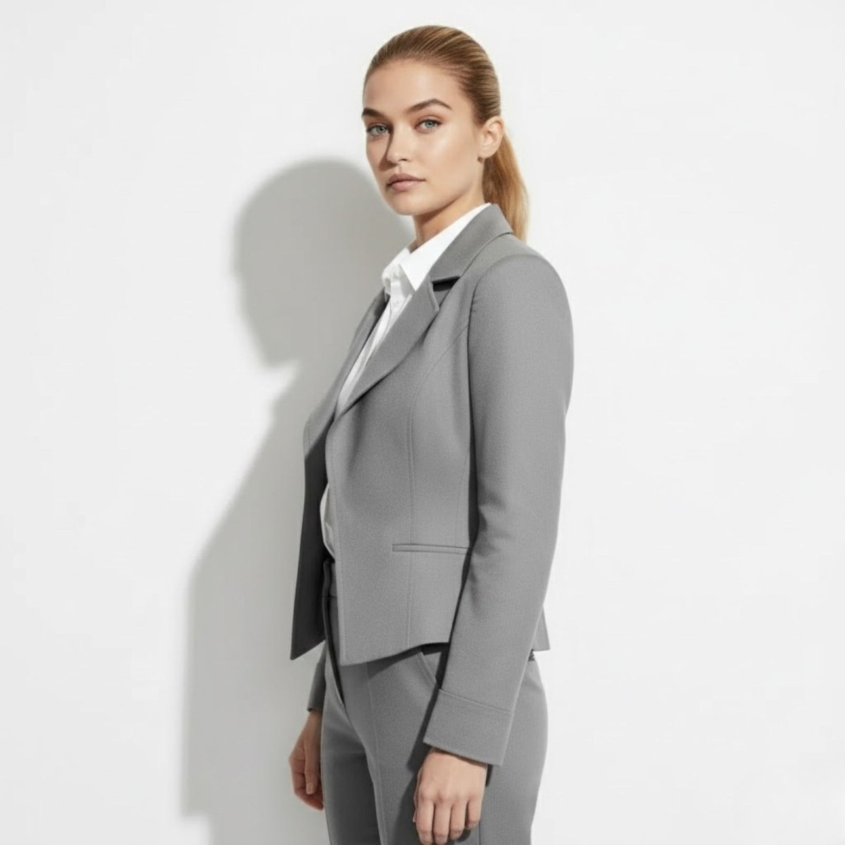 Side profile of a woman in a structured grey open-front suit jacket showing its tailored fit and hip-length cut.