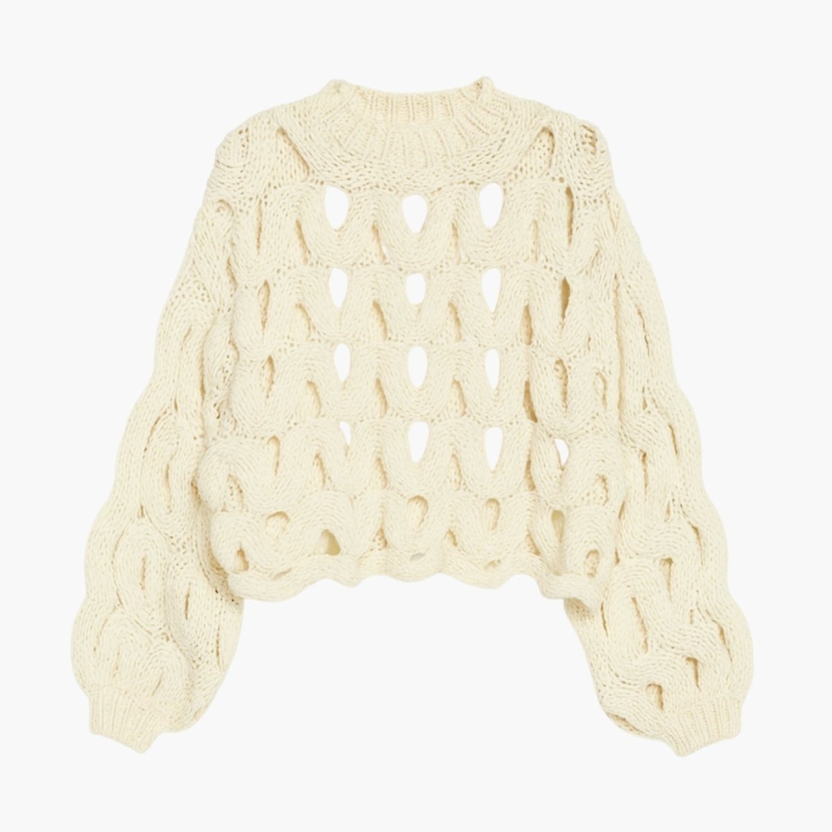 Flat lay of the ivory Vanice open-knit sweater from Kouvr Fashion, showing the full design and texture.
