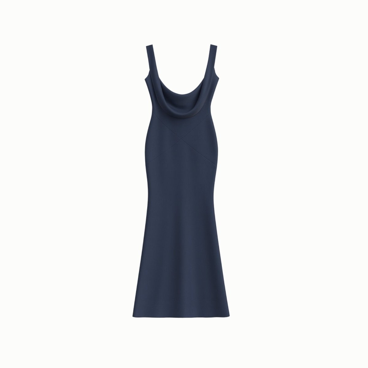 Flat lay of the back of the navy blue Vickie Gown, emphasizing the deep scoop back design and flowing satin material.