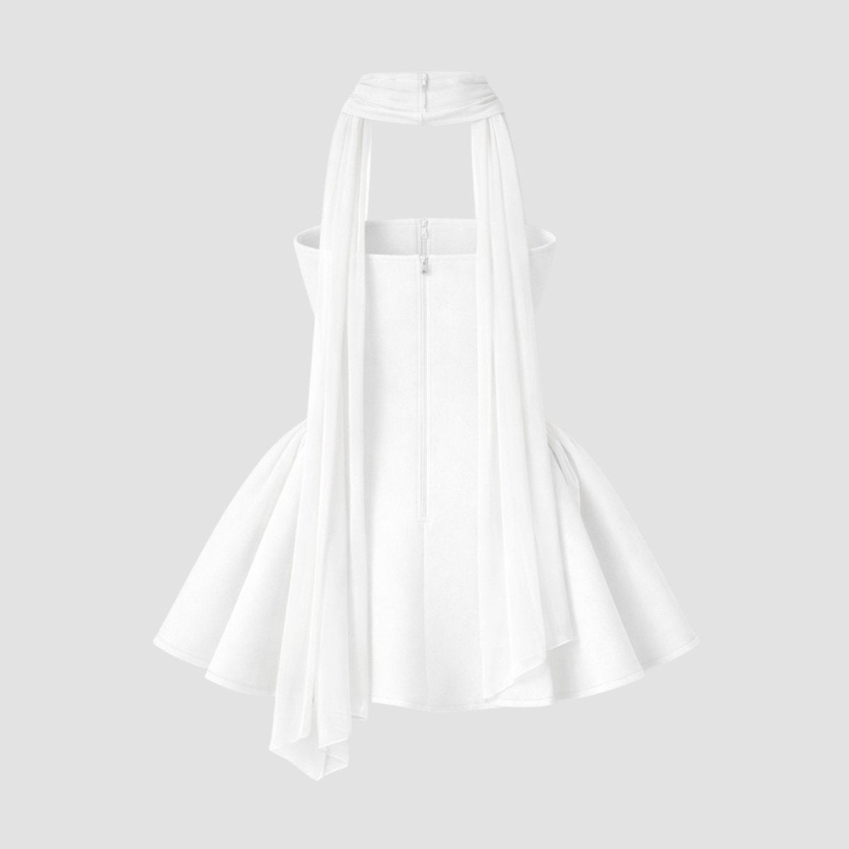 Product-only back view of the Kouvr Fashion white mini dress showing the zipper detail and draped chiffon scarf tails.