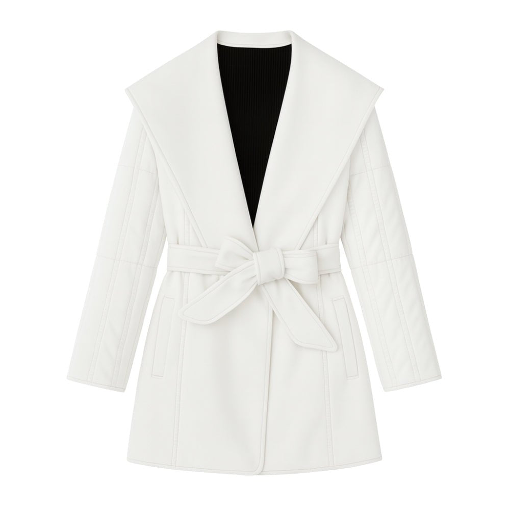 Woman wearing the Kouvr Fashion Sheila Wrap Coat in white, tied at the waist, shown from the front zoom