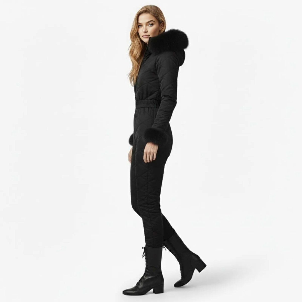 Side view of a woman walking in a black fitted ski jumpsuit by Kouvr Fashion, showcasing the slim silhouette and lace-up winter boots.
