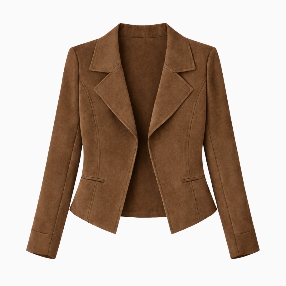 Product flat lay of the Kouvr Fashion Espresso Brown Tailored Blazer, showing the open-front design and notched lapels on a white background.