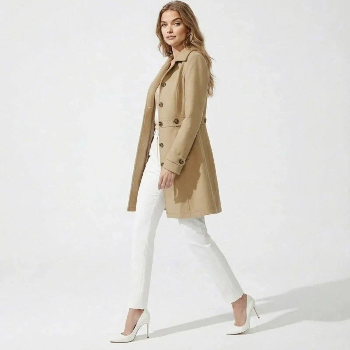 Side view of a model walking in the Kouvr Fashion Classic Belted Wool Coat in khaki, highlighting the coat's elegant movement and fit.
