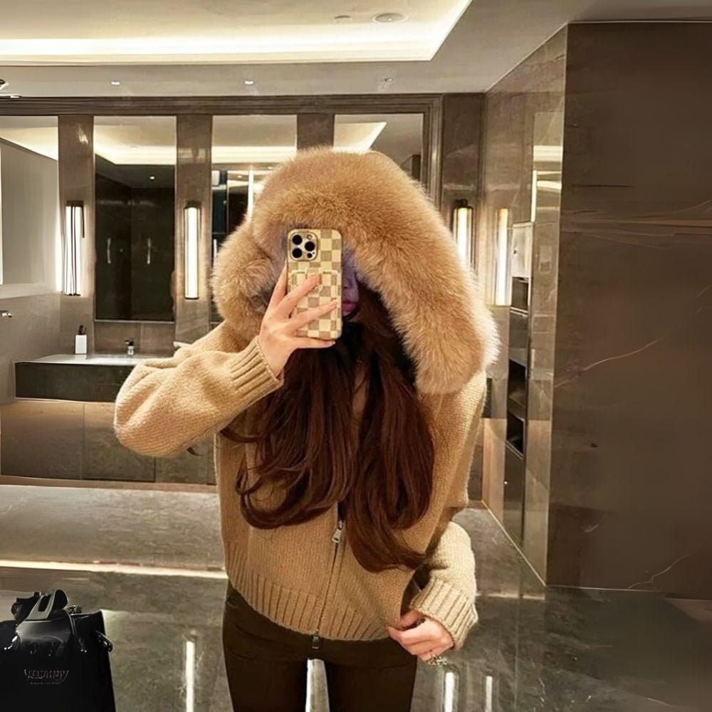 Kouvr Felize Women's Faux Fur Trim Knit Hoodie in Toasted Brown