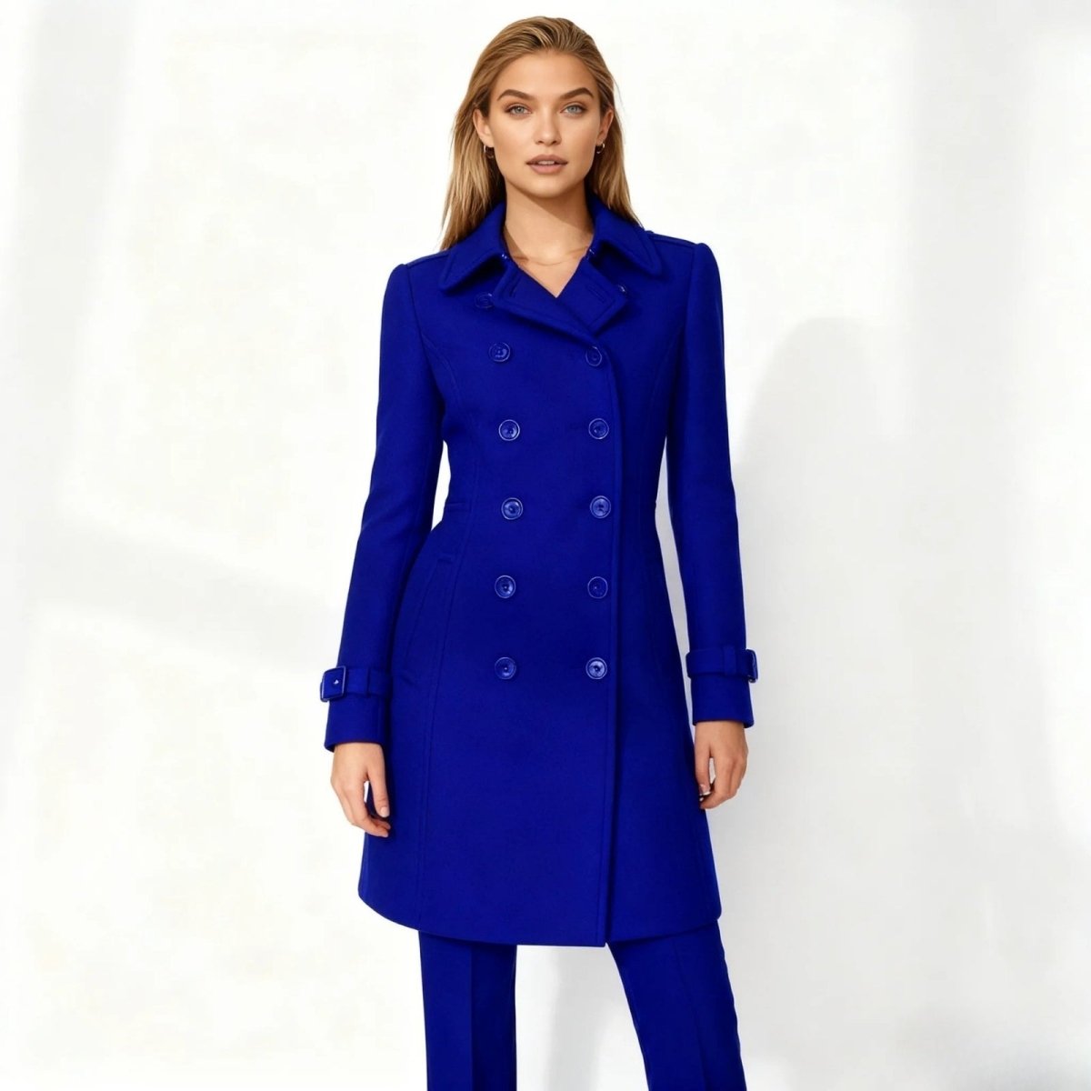 Woman wearing a blue Kouvr coat on a white background