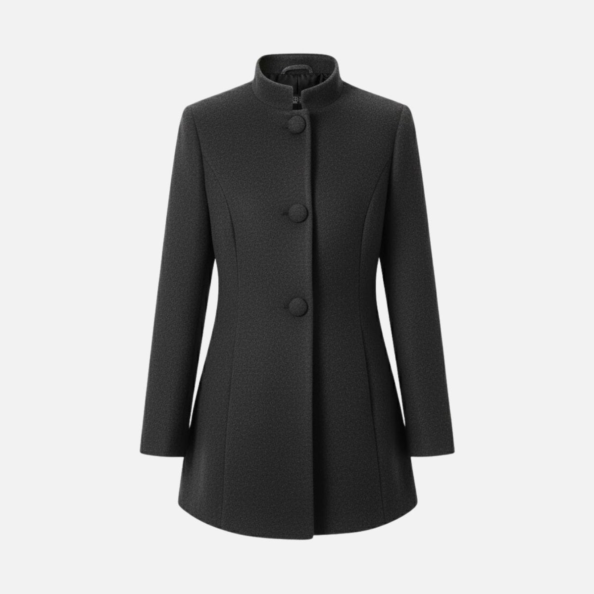 Product-only studio shot of the Kouvr dark grey funnel neck coat, showing detail of the three-button closure, high collar, and textured wool fabric.