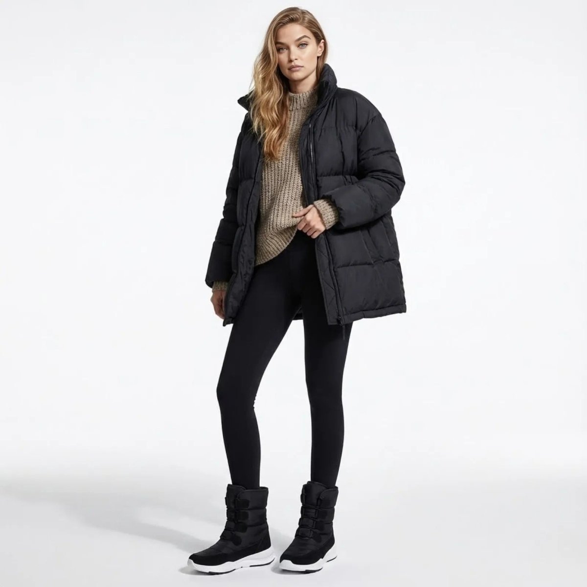 Model wearing Kouvr Gianna black puffer winter boots with a white sole, styled with black leggings and a beige knit sweater on a white background.