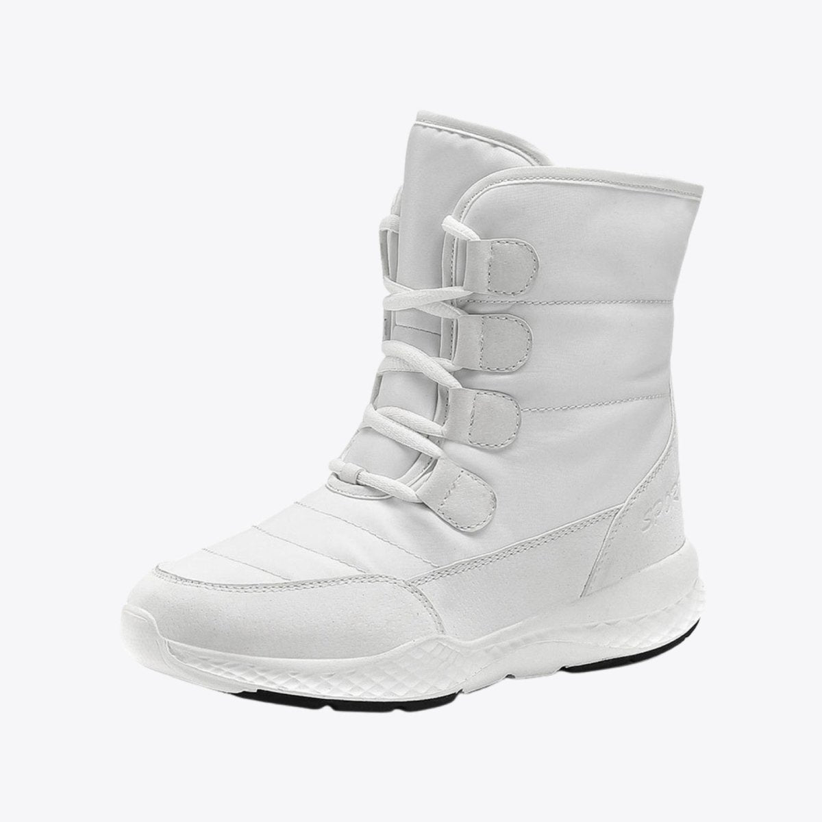 Three-quarter view of the Kouvr Gianna white quilted puffer winter boot, showing the details of the lacing and waterproof materials.
