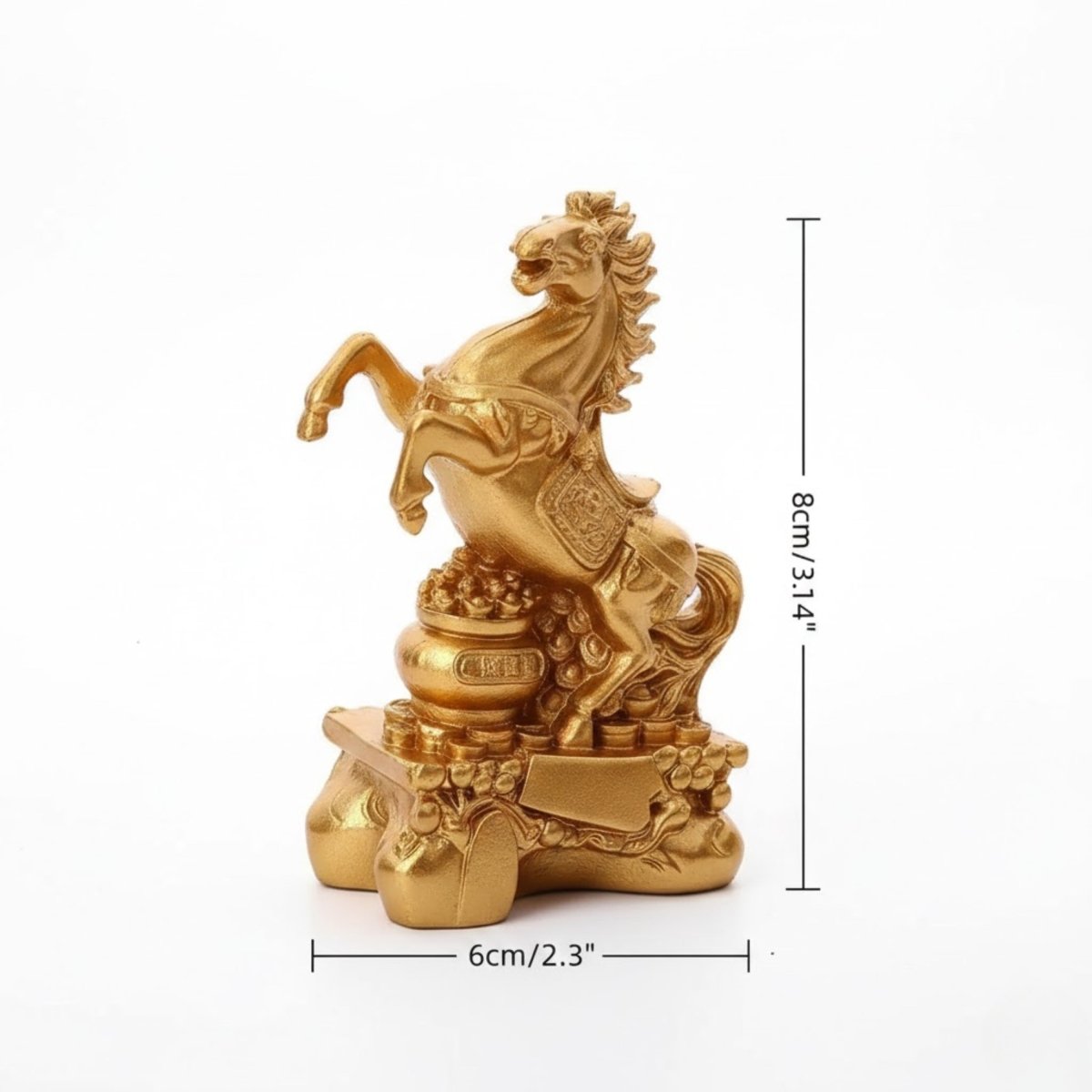 A clear product image of the Kouvr golden horse statue on a white background, showing its dimensions of 8cm in height and 6cm in width.
