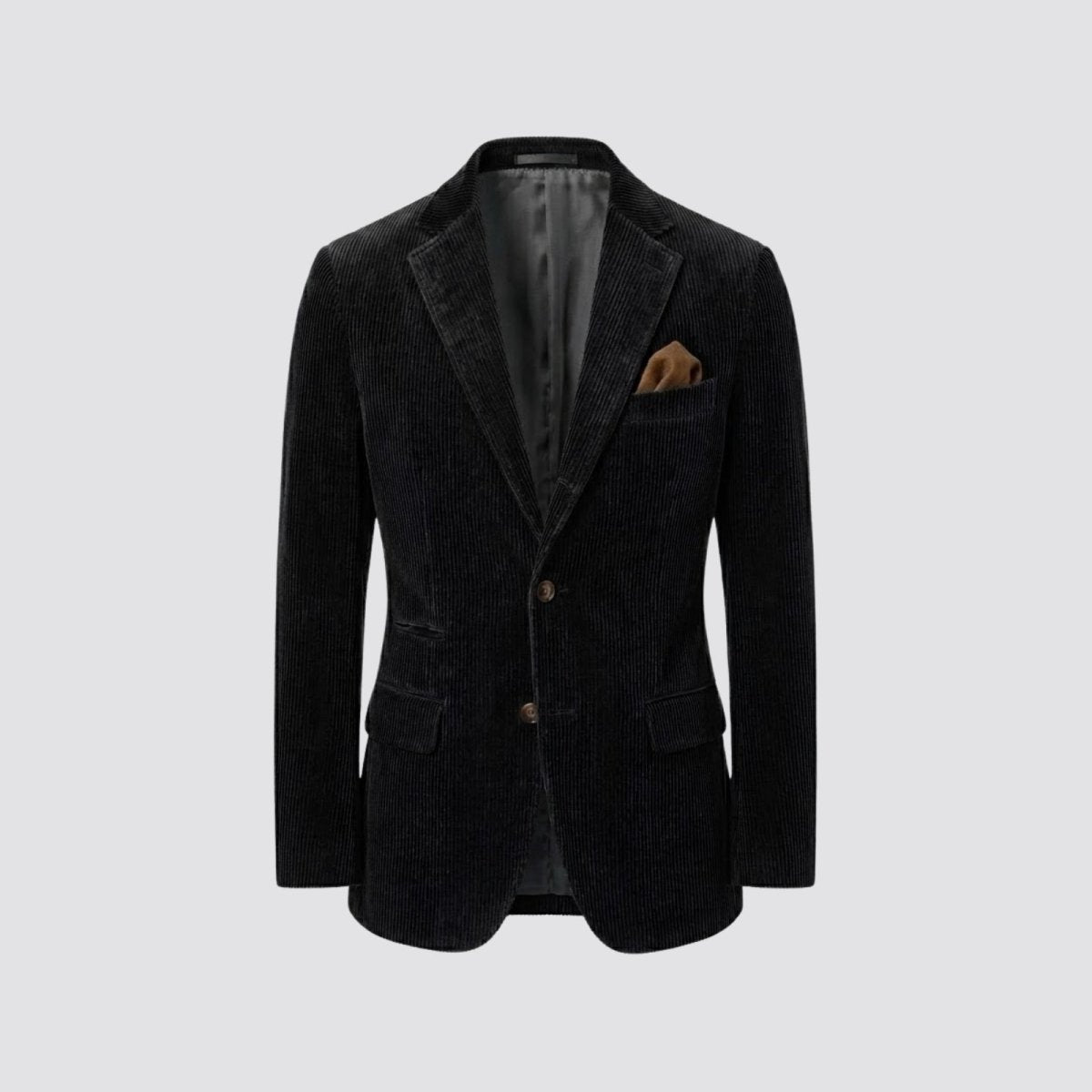Product shot of the Kouvr Grady black corduroy blazer laid flat, showing the texture of the 8-wale Italian cotton and notched lapels.