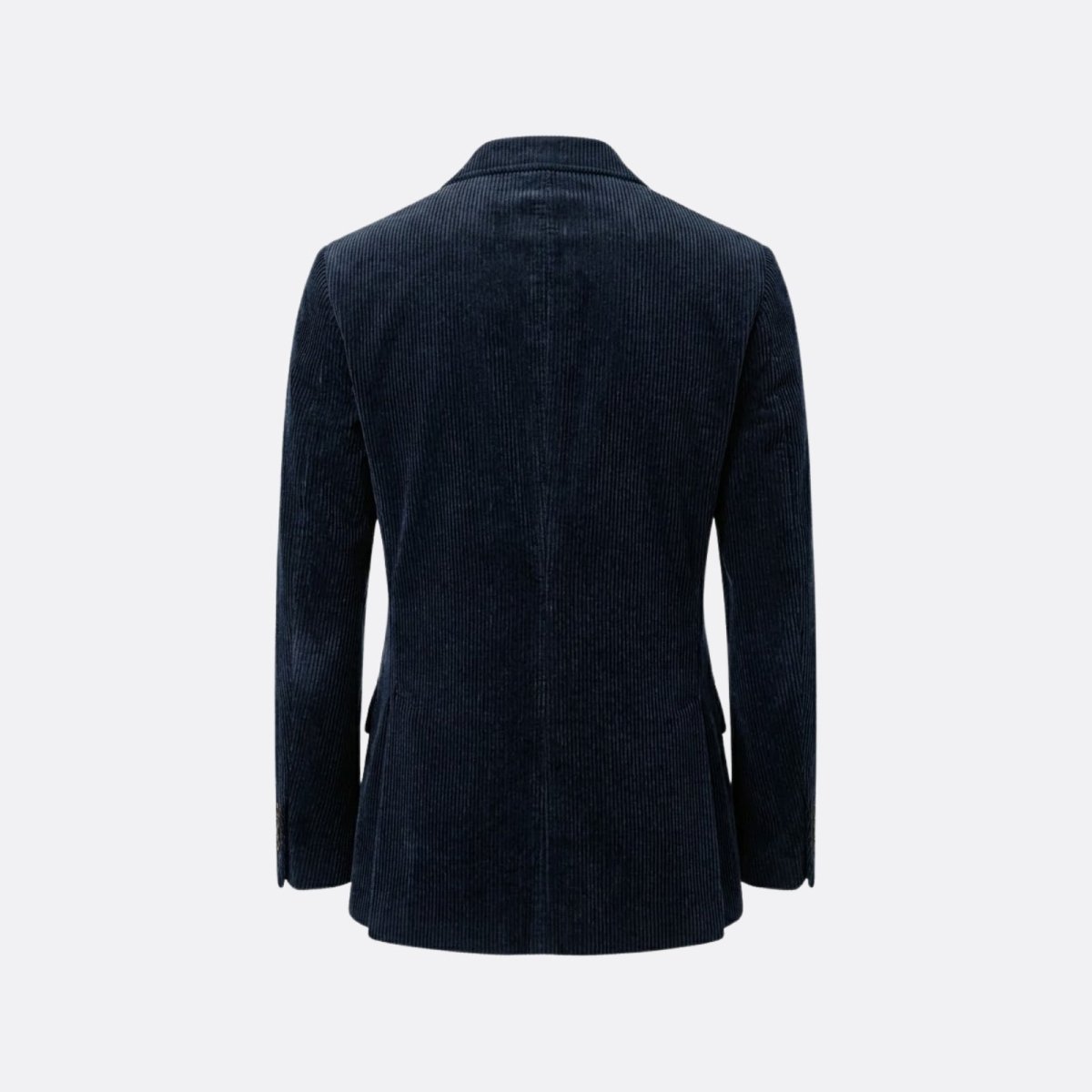 Product flat lay showing the back of the Kouvr dark-blue corduroy blazer, detailing the center vent and fine stitching.