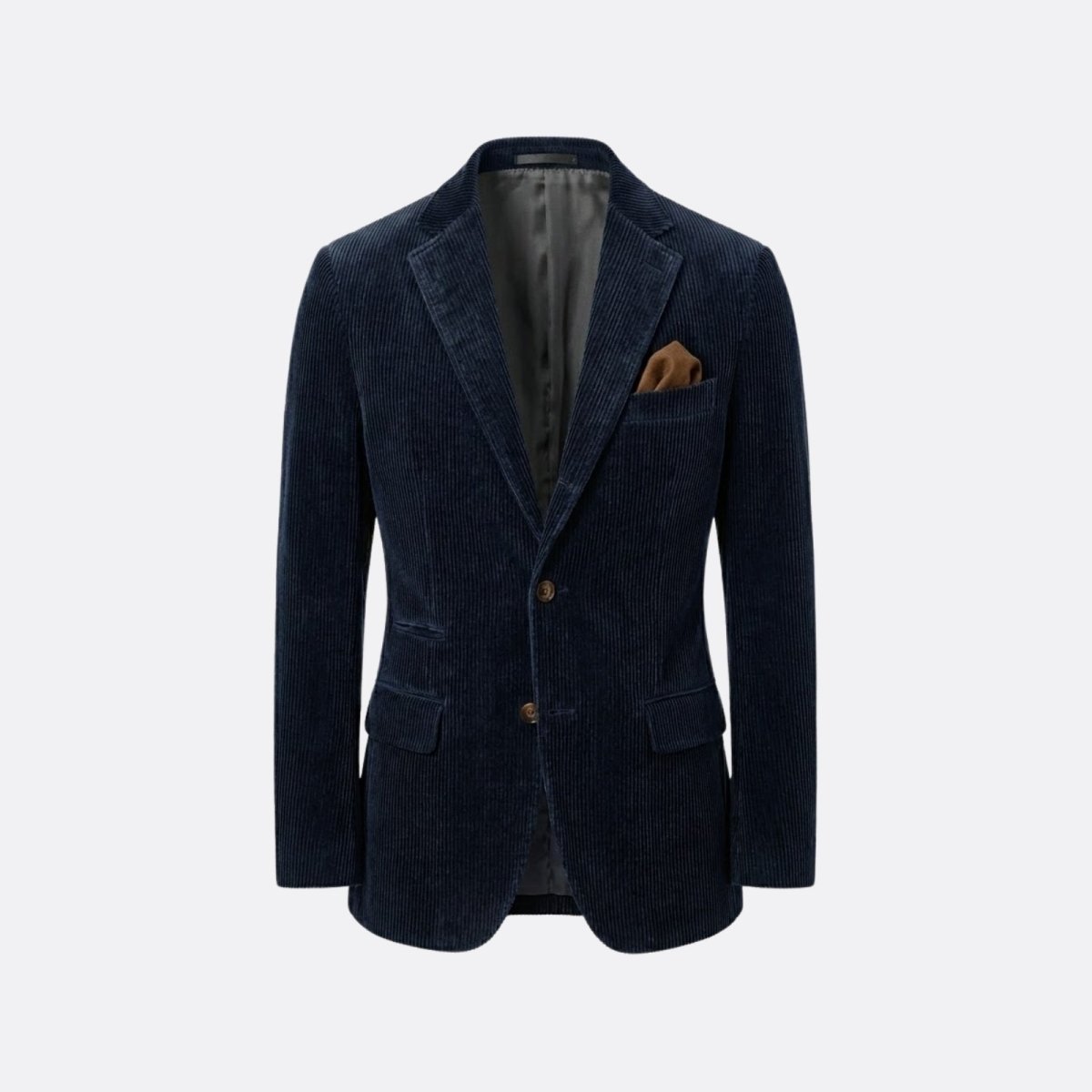 Product flat lay of the front of the Kouvr dark blue corduroy blazer, displaying its rich texture, two-button closure, and included pocket square.