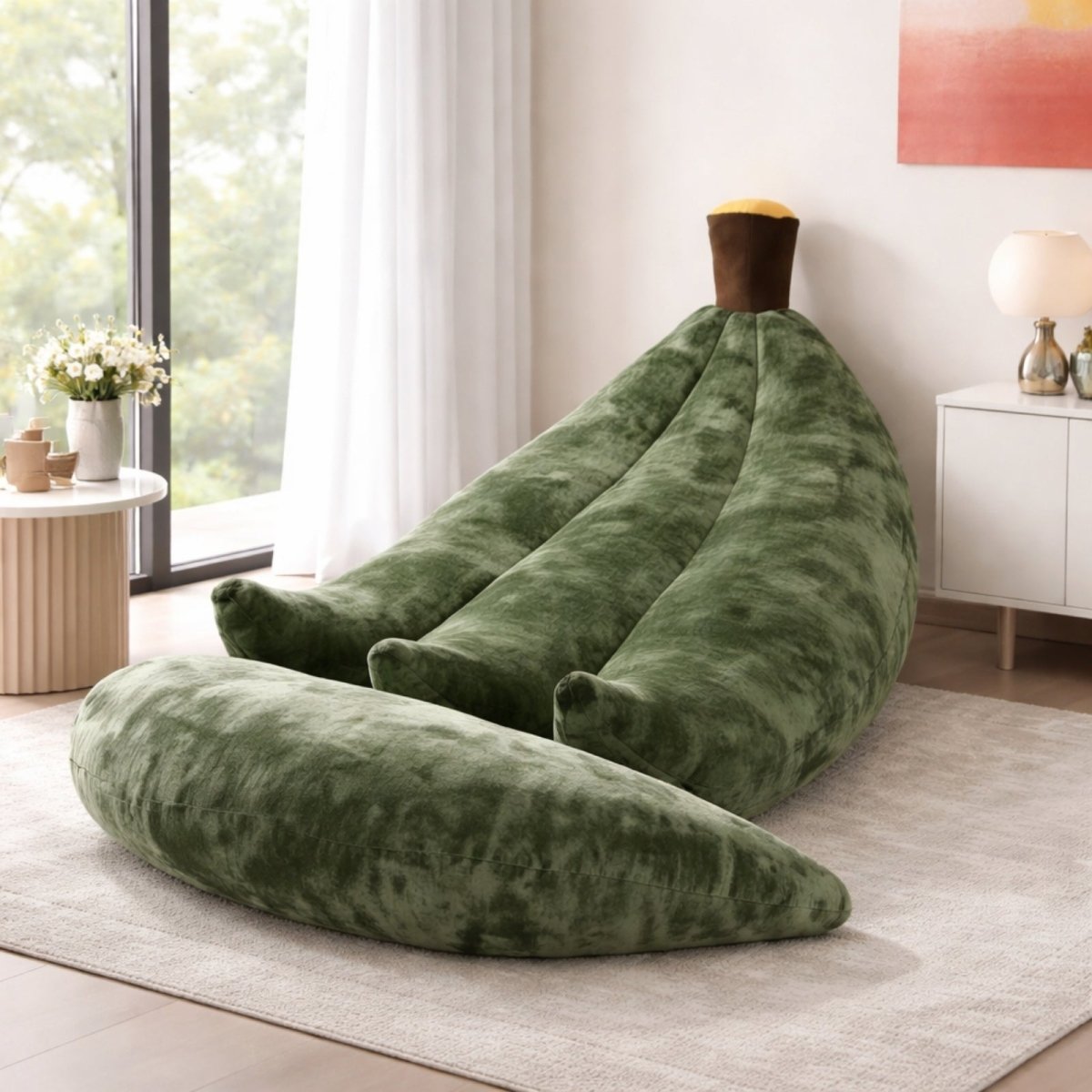 Dark green plush banana chair styled near a window with natural light, blending with biophilic home decor.
