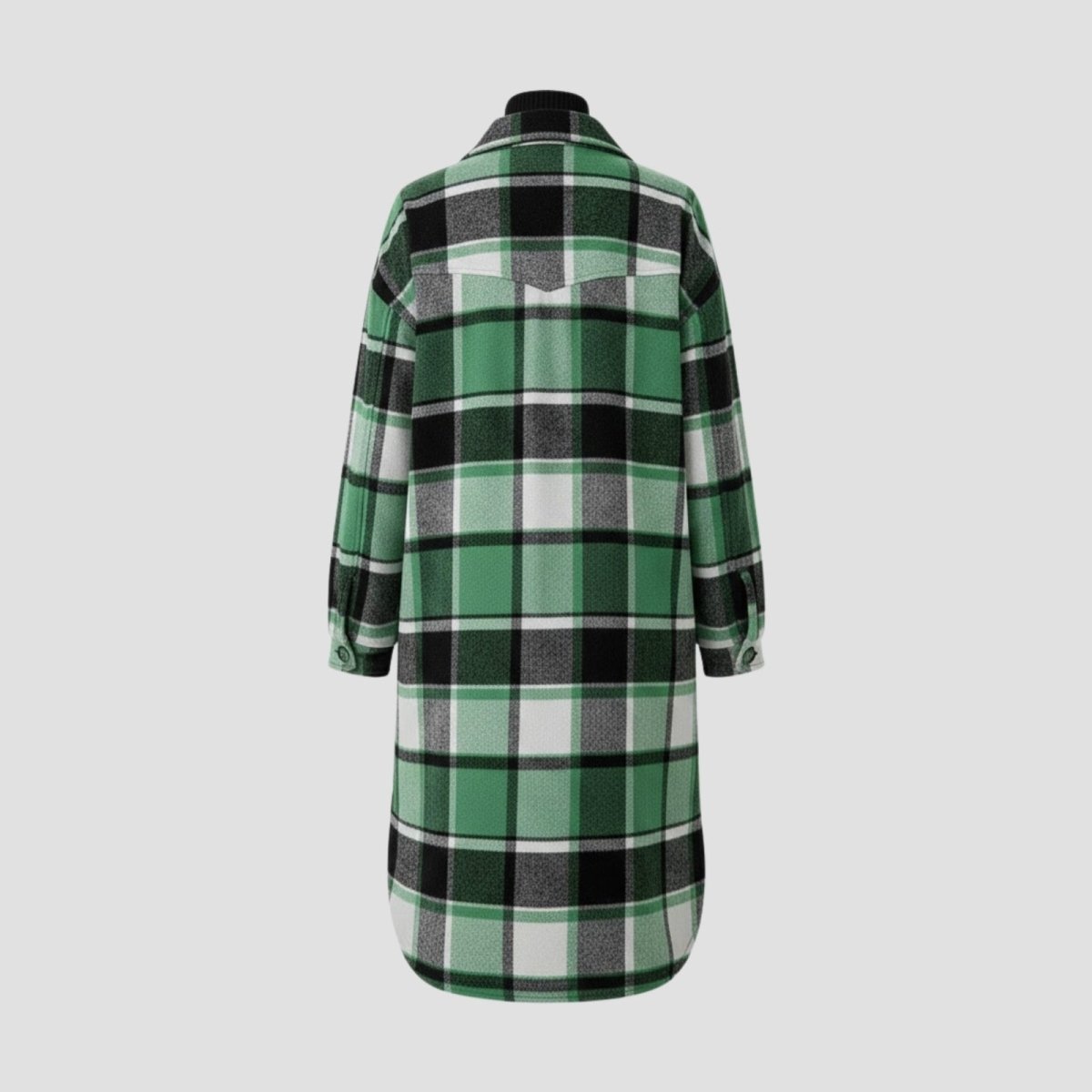 Flat lay of the back of the Kouvr green plaid long shacket, highlighting the clean lines and check pattern alignment.