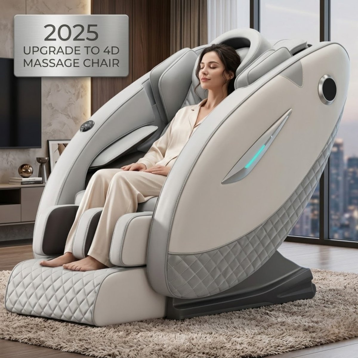 Side profile of the Kouvr AI smart massage chair in elegant grey, showcasing the sleek space cabin silhouette and ambient LED accent lighting.