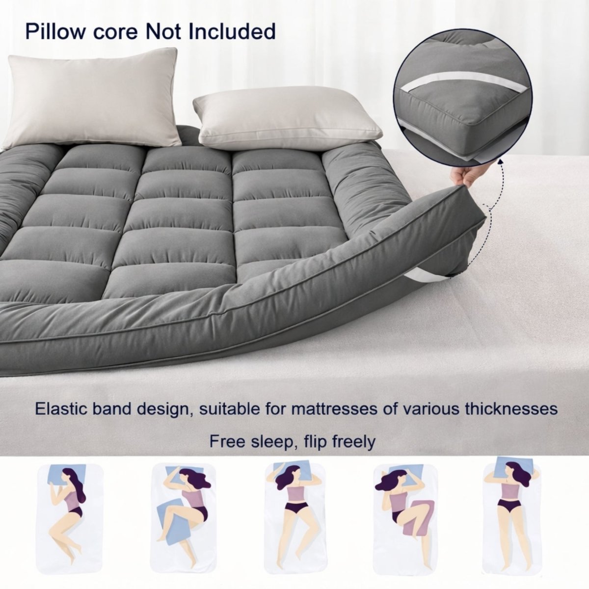 Detail shot showing the elastic corner bands of the Kouvr floor pad securing it as a mattress topper on a standard bed, ideal for side, back, and stomach sleepers.