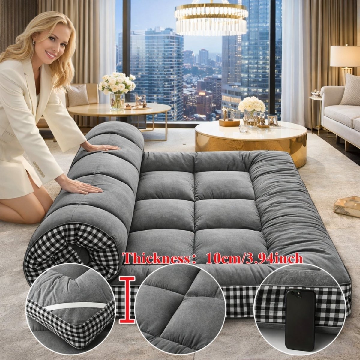 Woman kneeling next to a plush grey tufted floor bed with black and white gingham edges, demonstrating its luxurious 10cm thickness in a luxury high-rise apartment.