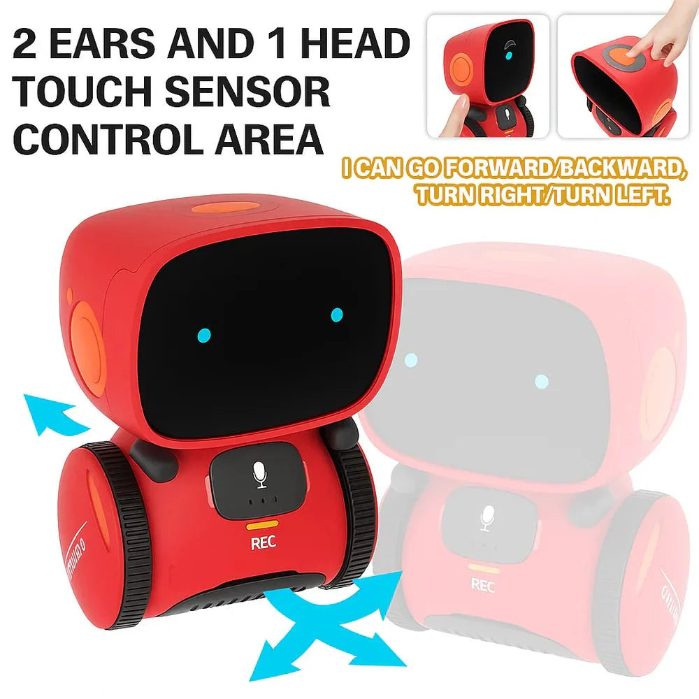 Infographic displaying the touch sensor control areas on the red Kouvr Groovebot, highlighting how the head and ear sensors control forward, backward, and turning movements.
