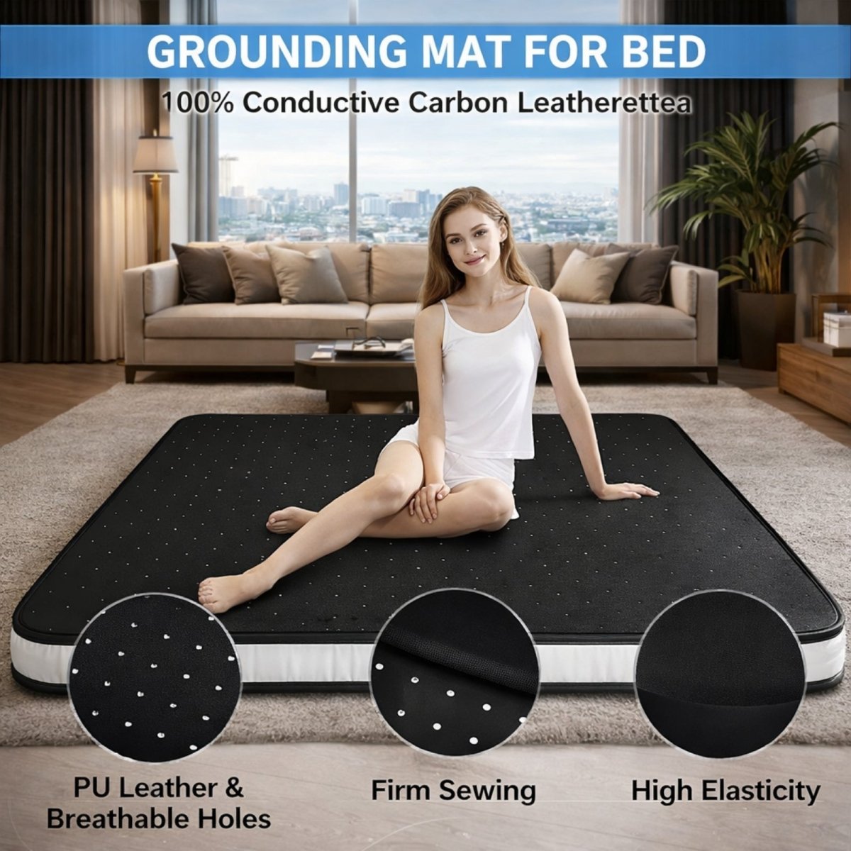 A detailed macro shot of the breathable, perforated texture of the Kouvr 100% conductive carbon leatherette grounding mat.