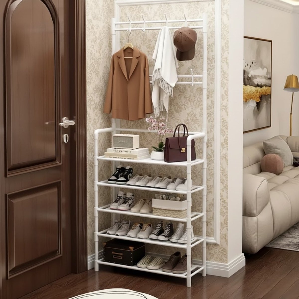 A front view of the Kouvr five shelves fully styled with a collection of men's and women's shoes, demonstrating its large capacity.