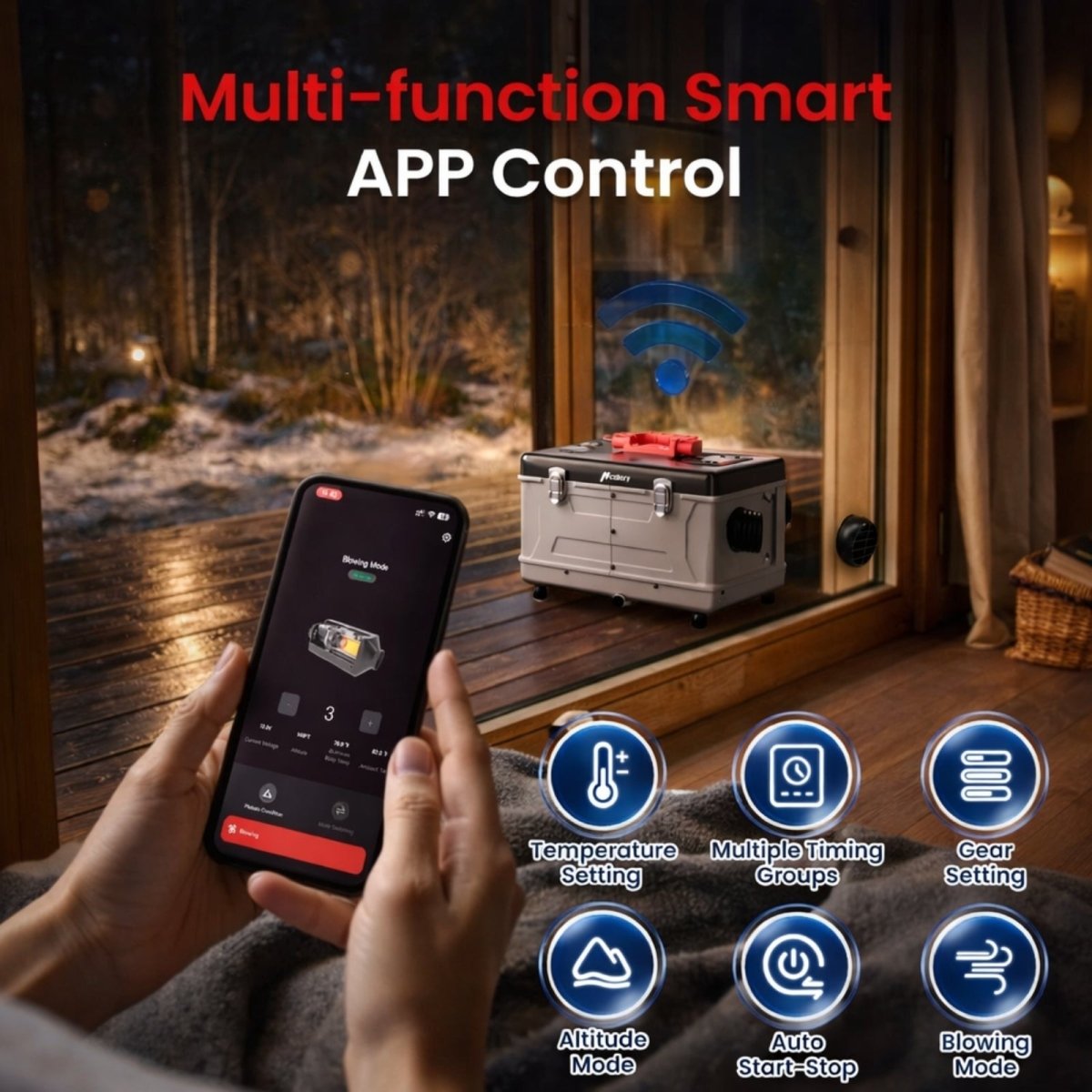 A user controlling the Kouvr portable heater via a smartphone app, with icons showing its smart features like temperature setting and altitude mode.