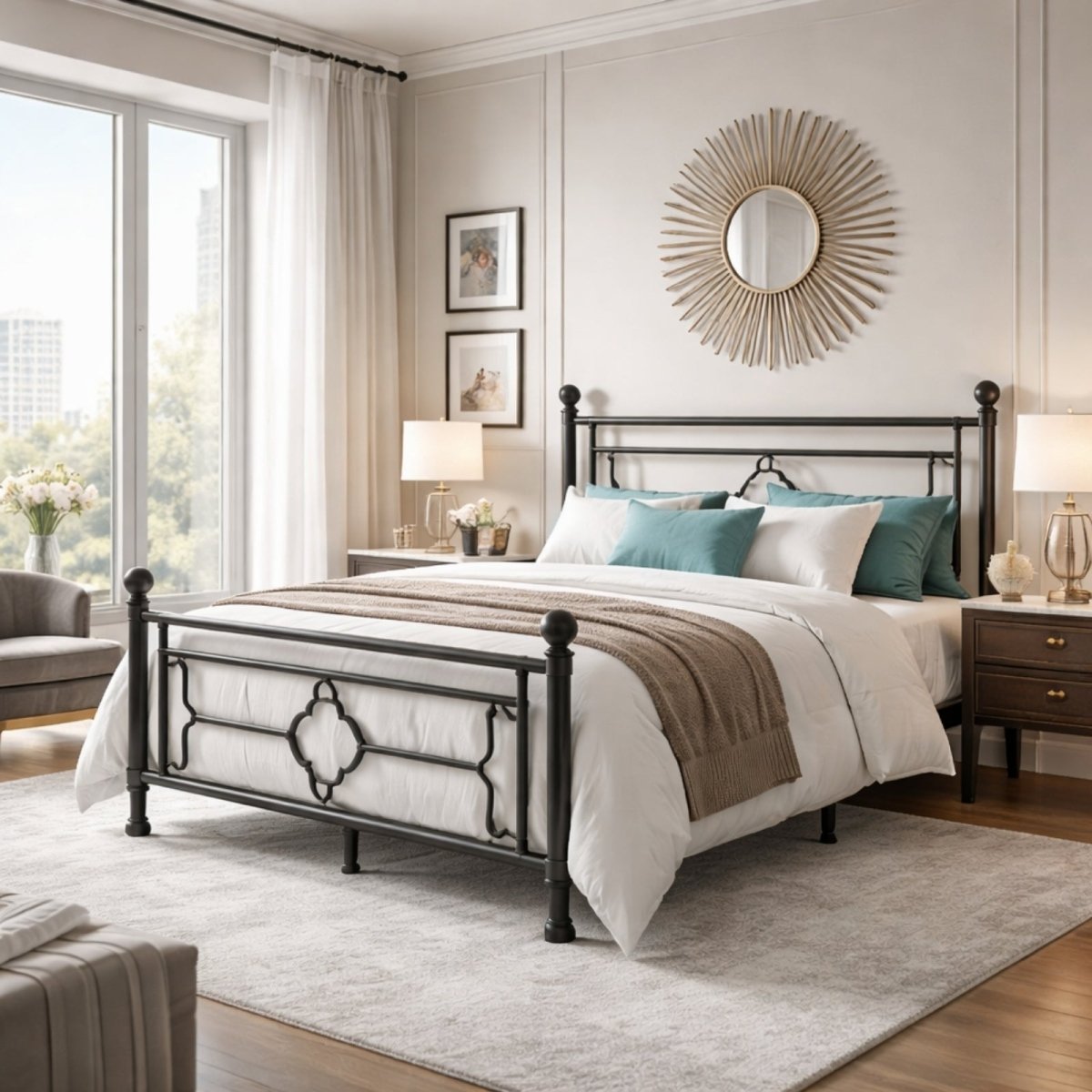 Angled view of the Kouvr queen size black metal bed frame showing its sturdy construction in a classic, brightly lit bedroom setting.