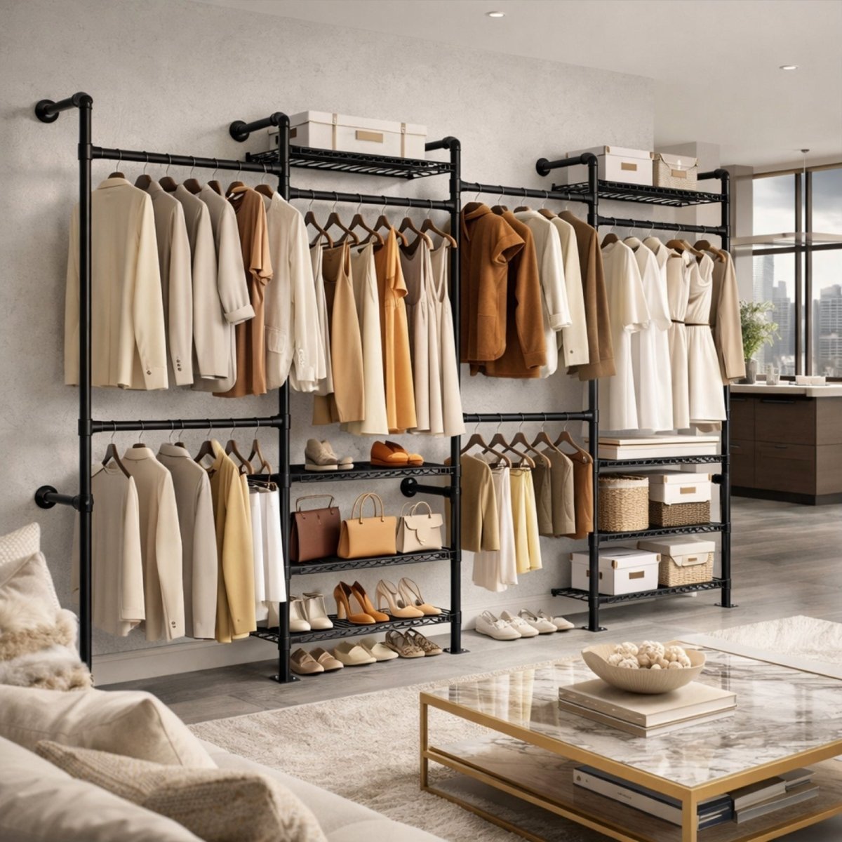 Modern farmhouse style black metal pipe garment rack with wooden floor mounts holding heavy winter coats and handbags without sagging. 
