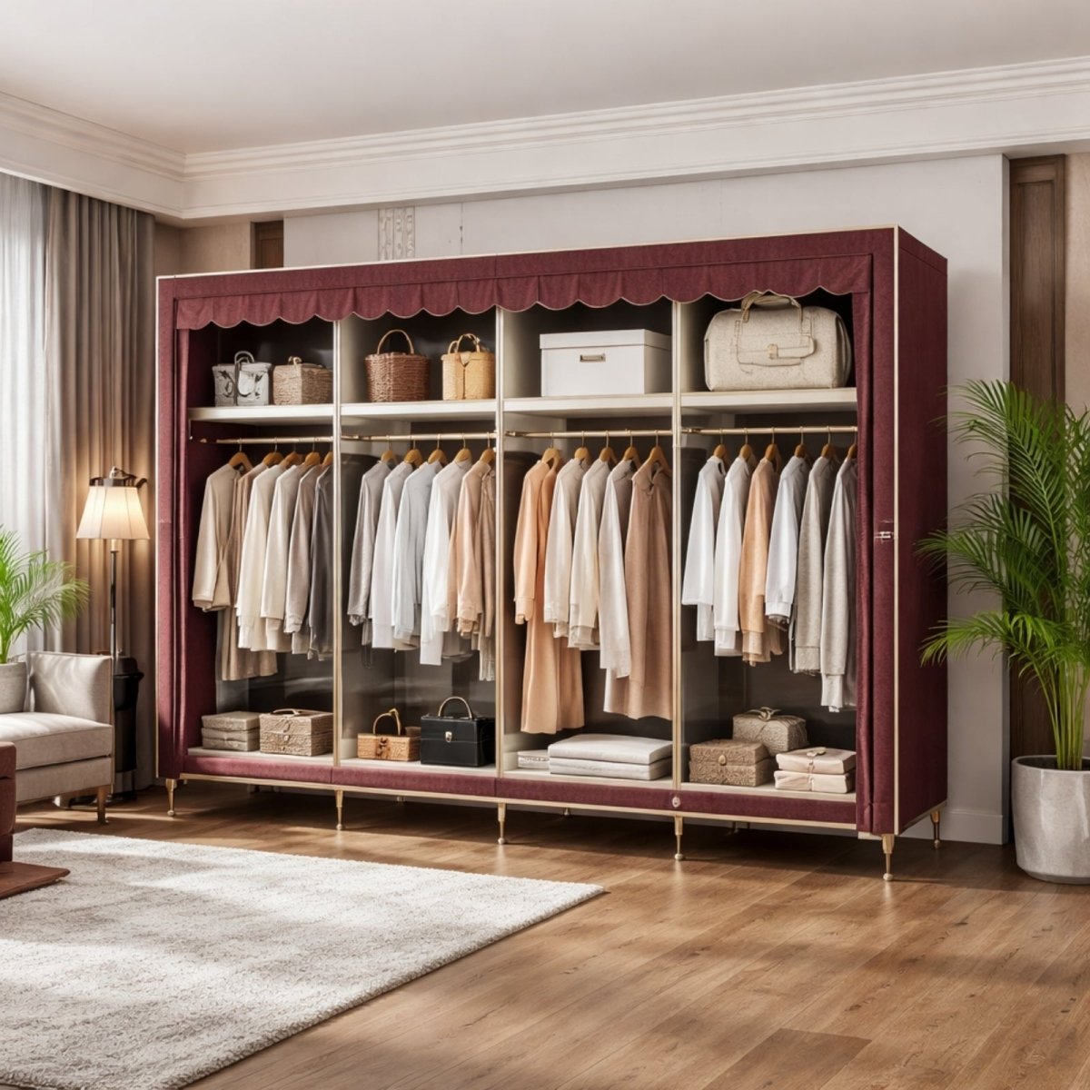 Red cloth wardrobe cabinet with scalloped top detail, placed in a modern living space with plant decor.
