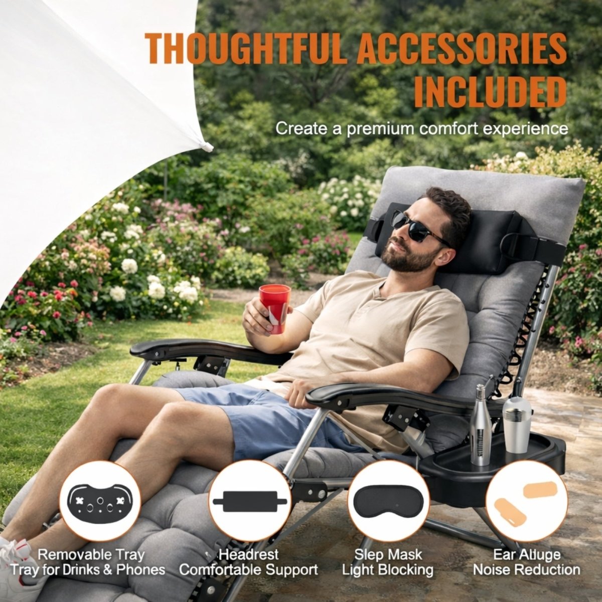 Padded Zero Gravity Chair Outdoor Recliner w/ Pillow & Cup