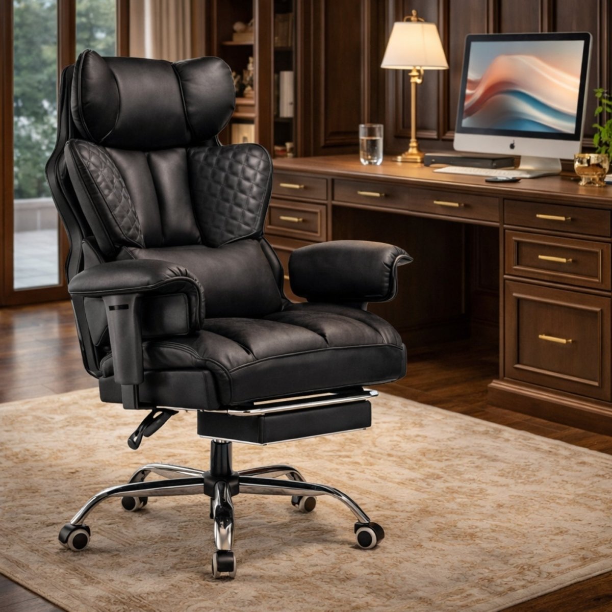 Black Kouvr high-back executive ergonomic office chair with a footrest and lumbar pillow situated in a modern home office with a standing desk.