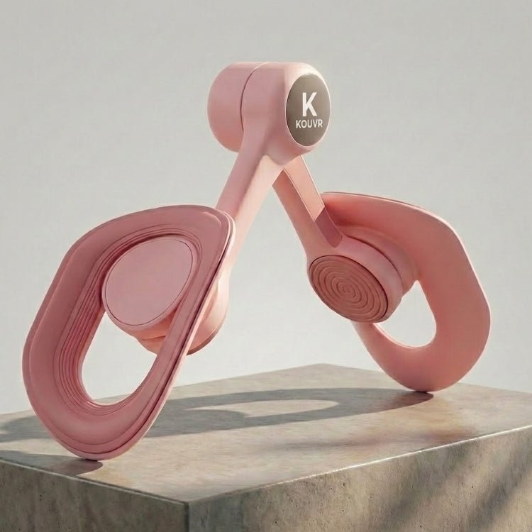 Rear angle view of the pink KOUVR hip trainer device on a concrete surface, showing the KOUVR logo hub and the adjustable hinge mechanism.