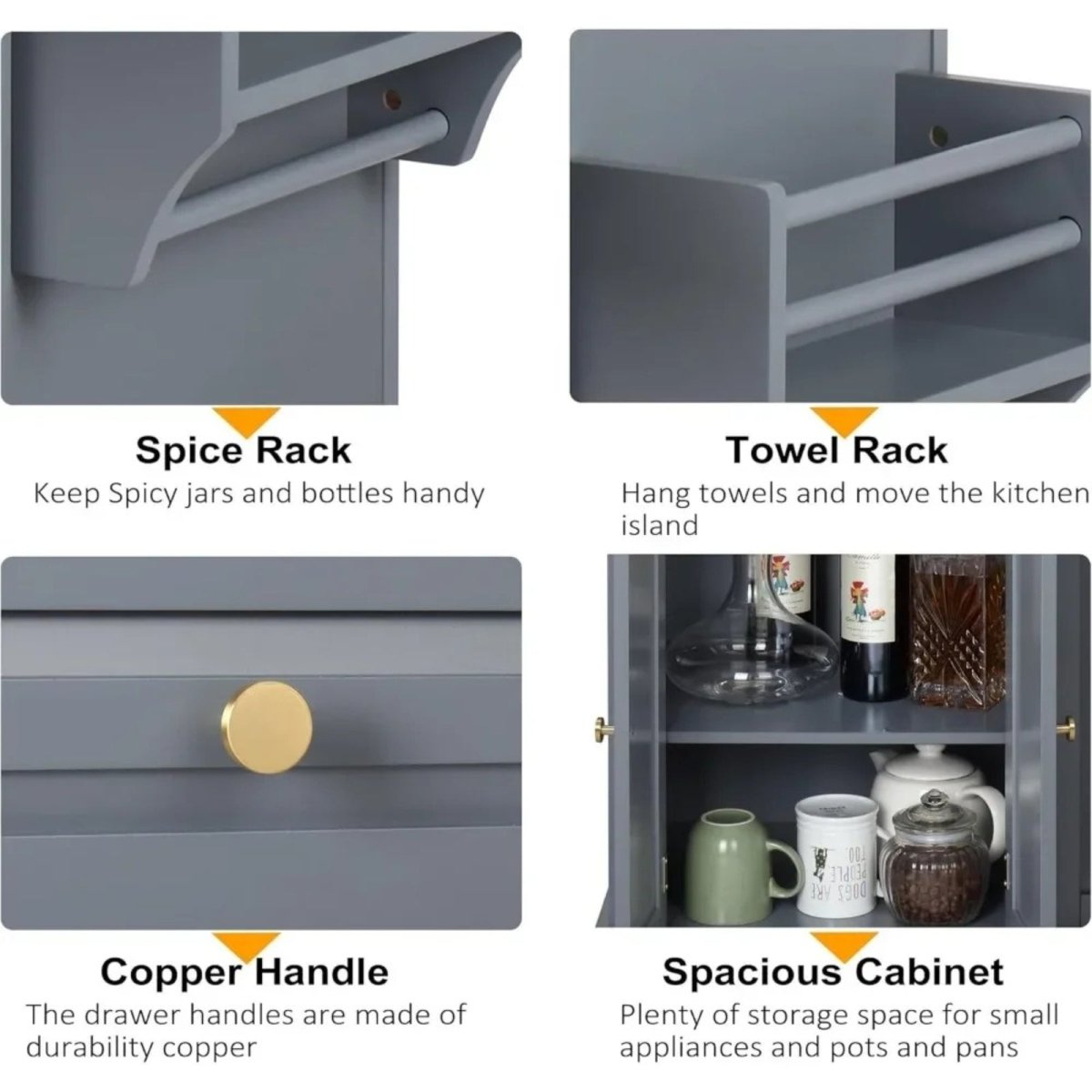 Grey kitchen cabinet with spice rack, towel rack, copper handle, and spacious cabinet.