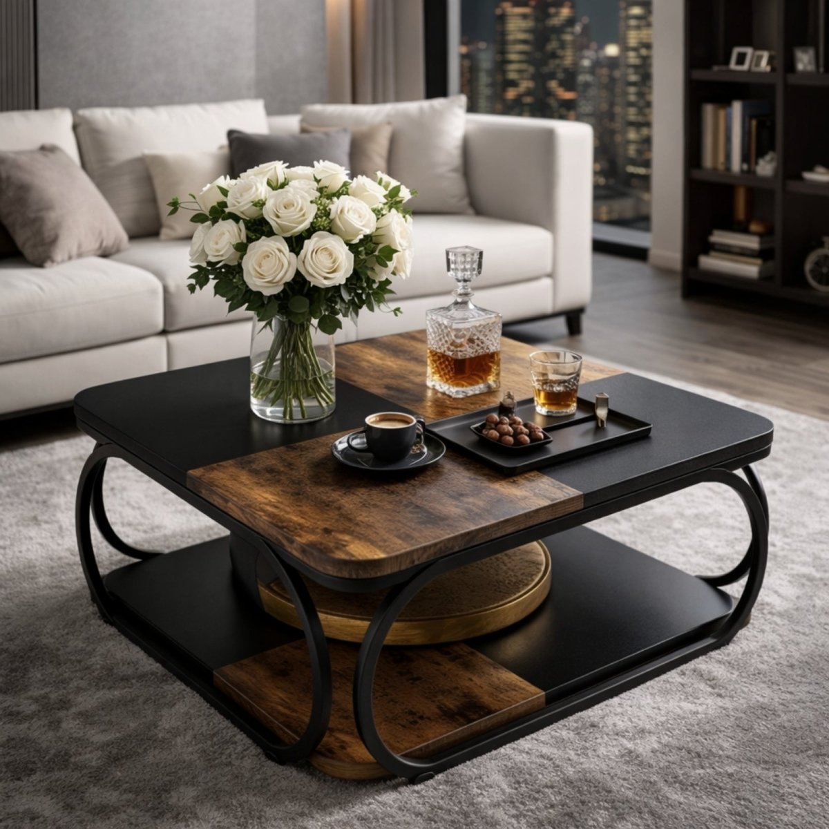 Technical dimension diagram of Kouvr square coffee table showing 39.25 inch width, 19.75 inch height, and double-layer shelf spacing.