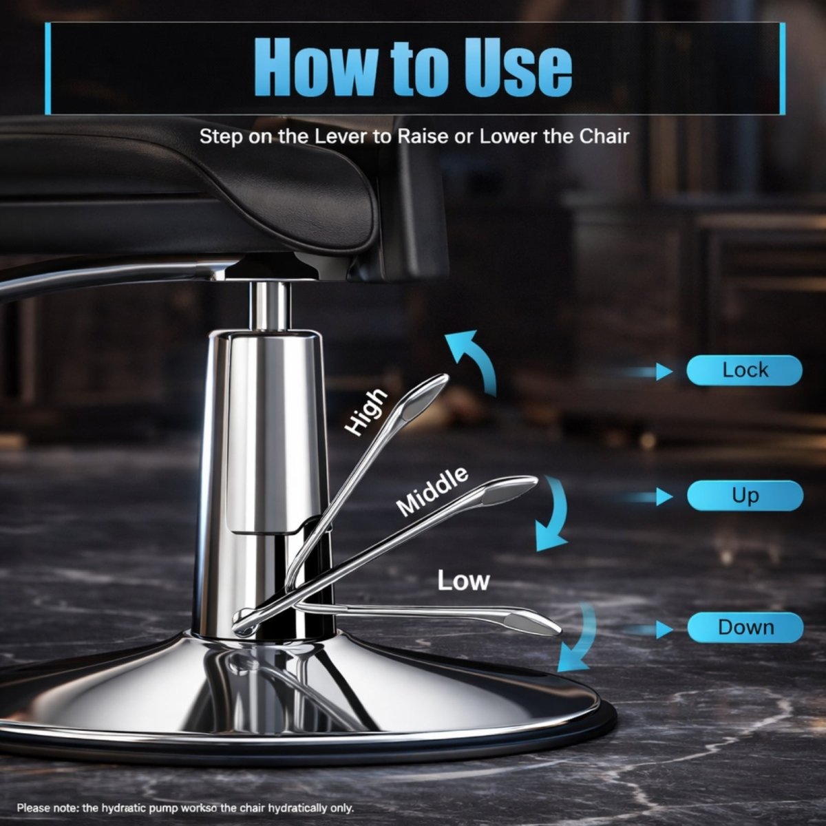 Diagram showing how to use the foot lever on the Kouvr hydraulic pump to lock, raise, and lower a salon chair.
