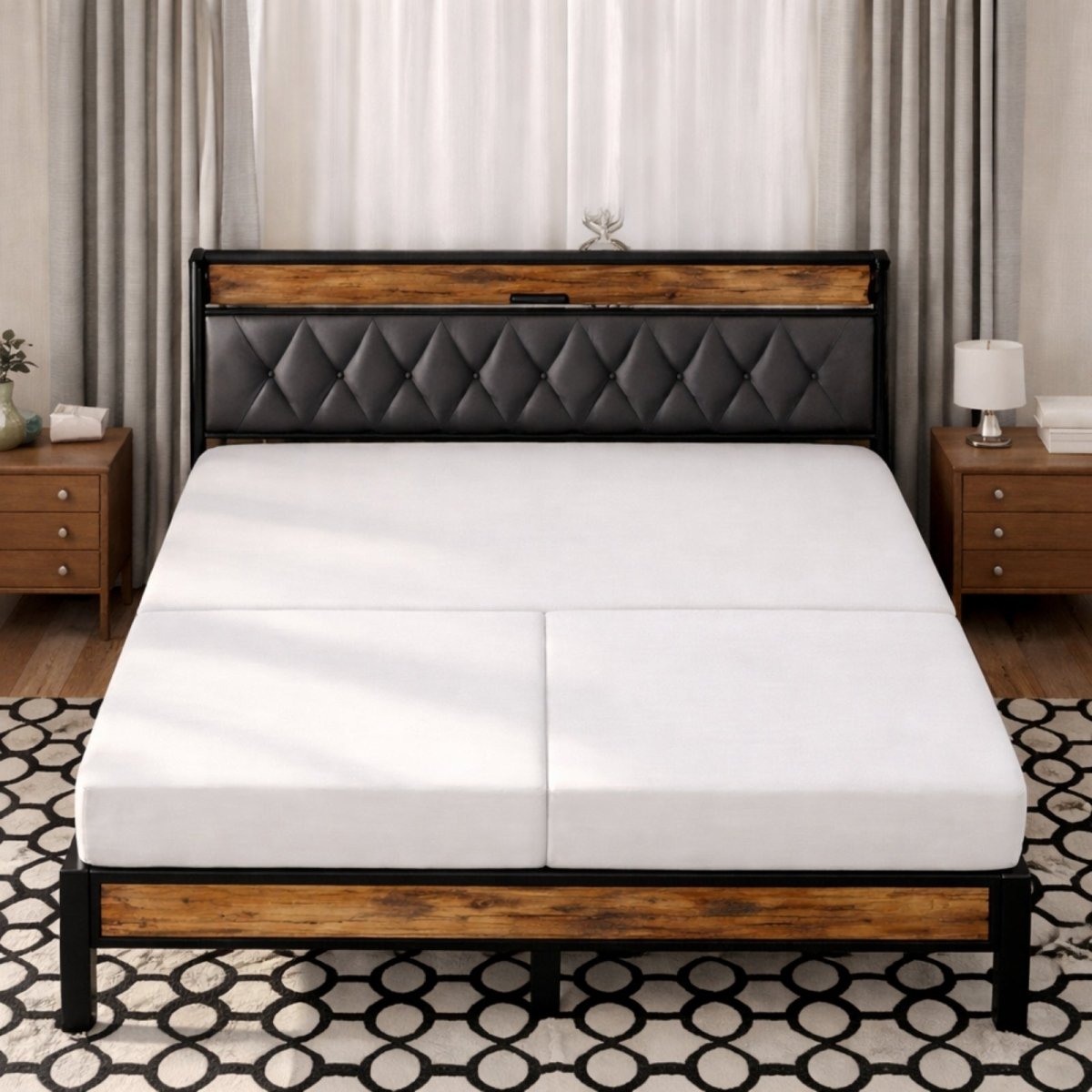 The Kouvr queen industrial platform bed frame with a black tufted headboard and rustic wood finish, shown with a split mattress in a modern bedroom.