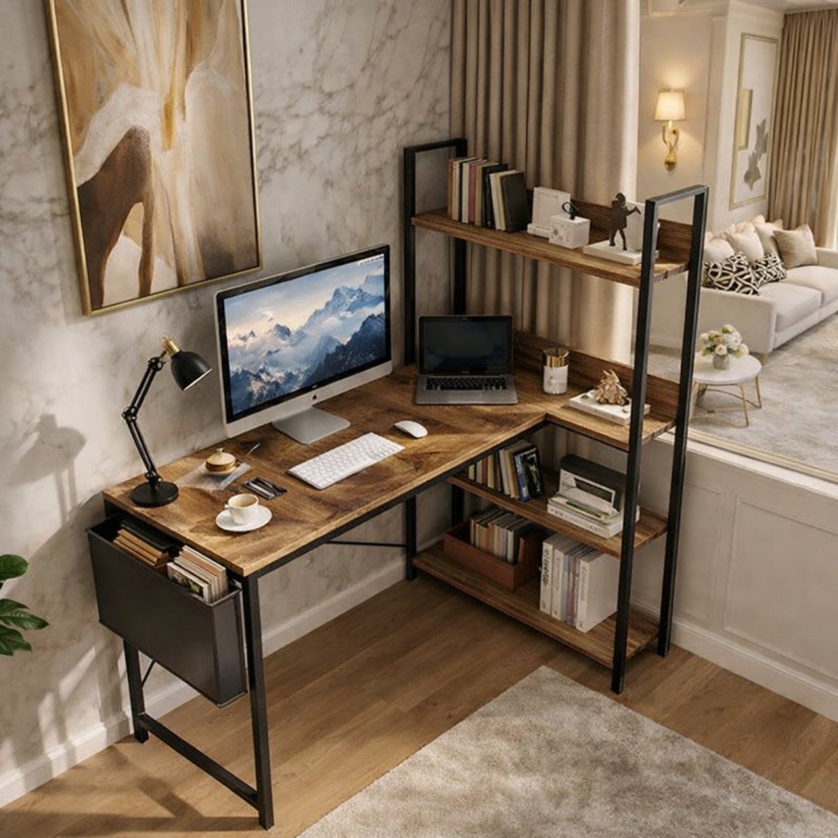 A Kouvr industrial workstation with storage shelves in rustic brown, arranged in a corner to showcase its space-saving L-shaped design.
