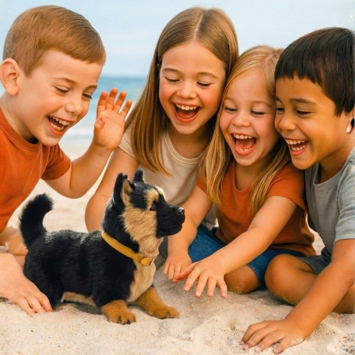 A diverse group of four happy children playing together on a beach with the Kouvr Fashion electronic robot puppy, demonstrating safe, interactive group play for kids.