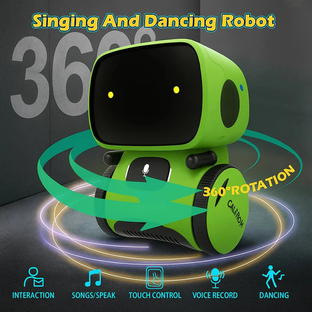 Kouvr Green interactive Groovebot toy for kids performing a 360-degree rotation while singing and dancing, featuring touch control and voice recording capabilities.