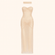 Model wearing the Kouvr Fashion Isabela strapless glitter gown in champagne with matching choker at a formal event	