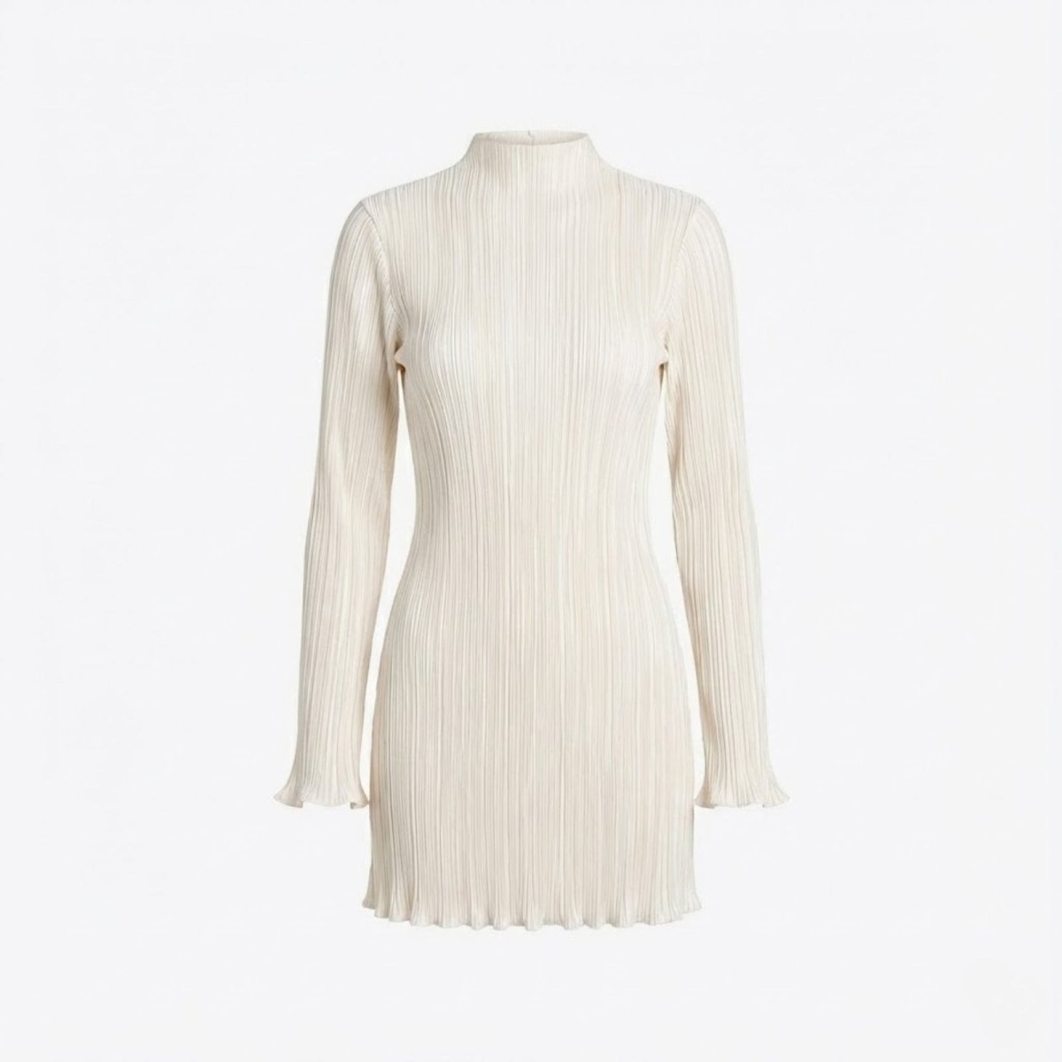 Flat lay product shot of the Kouvr ivory pleated mock neck mini dress, highlighting the texture and ruffled cuffs.