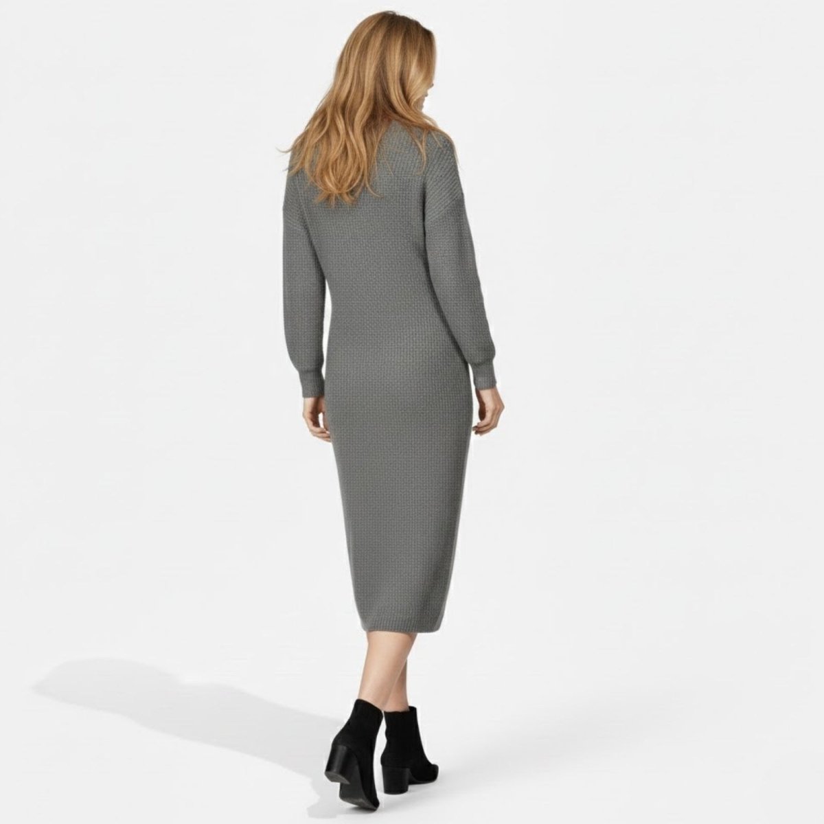 Back view of the Kouvr Fashion grey knit midi dress, showcasing the full-length and sheath silhouette.