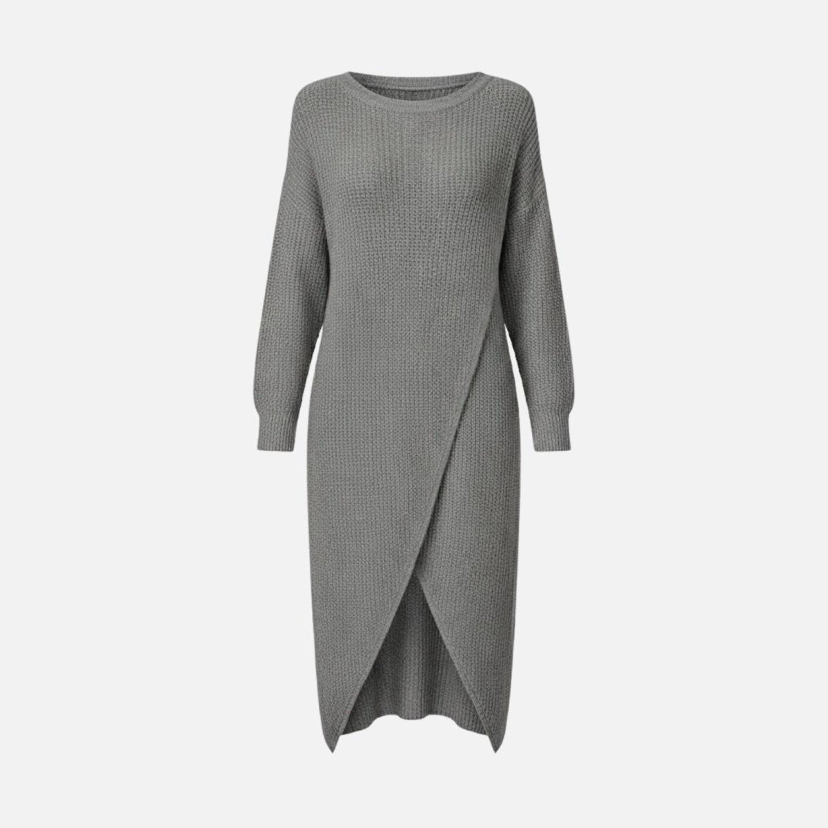 Flatlay product shot of the front of a grey long sleeve sweater dress with a wrap design.