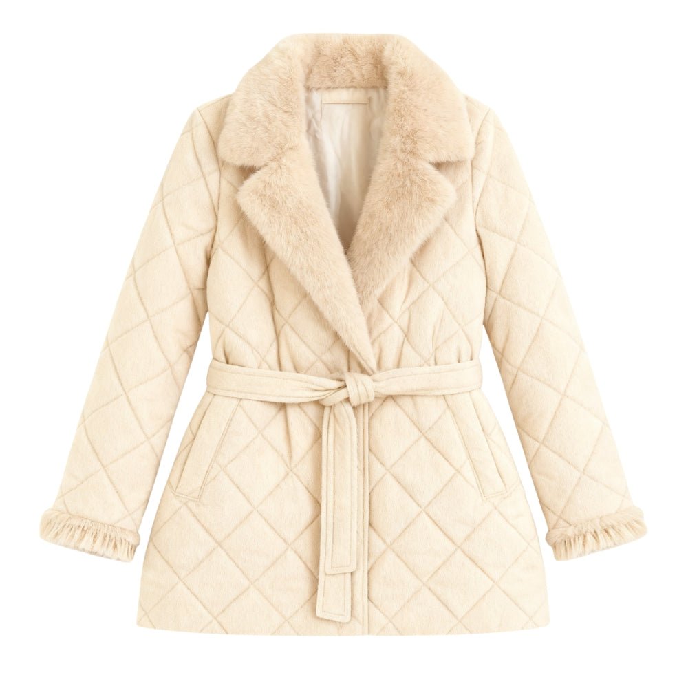 diamond stitch," "wrap silhouette," "shearling trim," and "thermal puffer