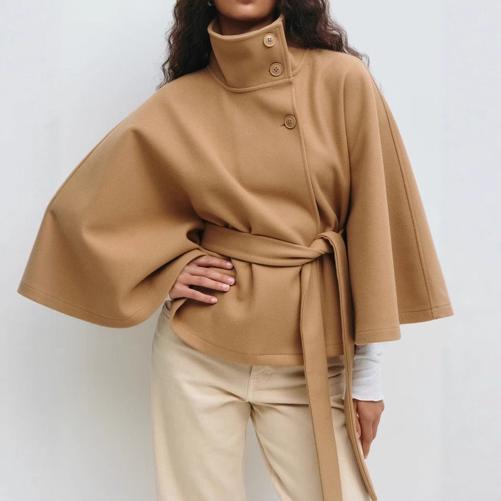 Kouvr Jannah High-Neck Belted Wool Cape Coat in Khaki