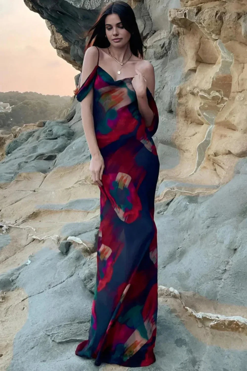 long flowing formal gown," "elegant off the shoulder dress," "cowl neck summer dress," "luxury resort wear
