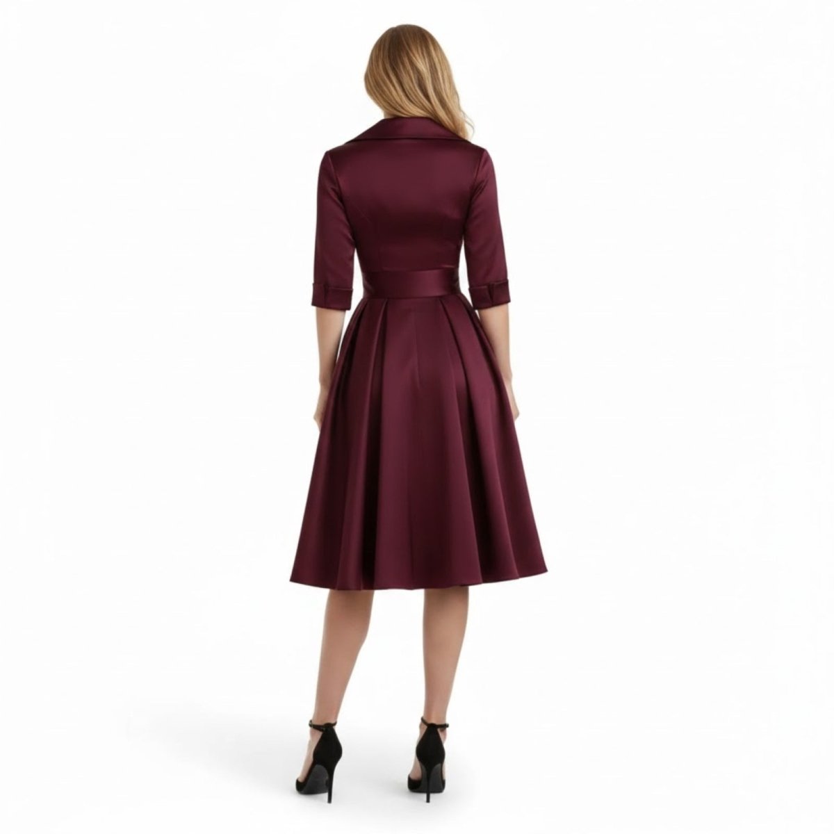 Back view of a model in the Kouvr Jenner burgundy formal dress, highlighting the collar and sleeve details.